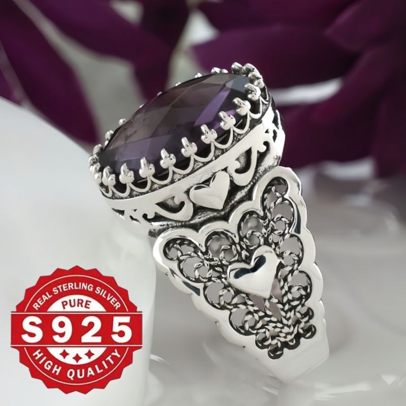 Qo'l bilan tayyorlangan Filigran San'at Tafsiloti 925 Sterling Silver Yurak Kokteyl Halqasi Amethyst Qimmatbaho To'pi bilan, To'ylar va Partiyalar uchun Ideal, Har kuni kiyish uchun mustahkam