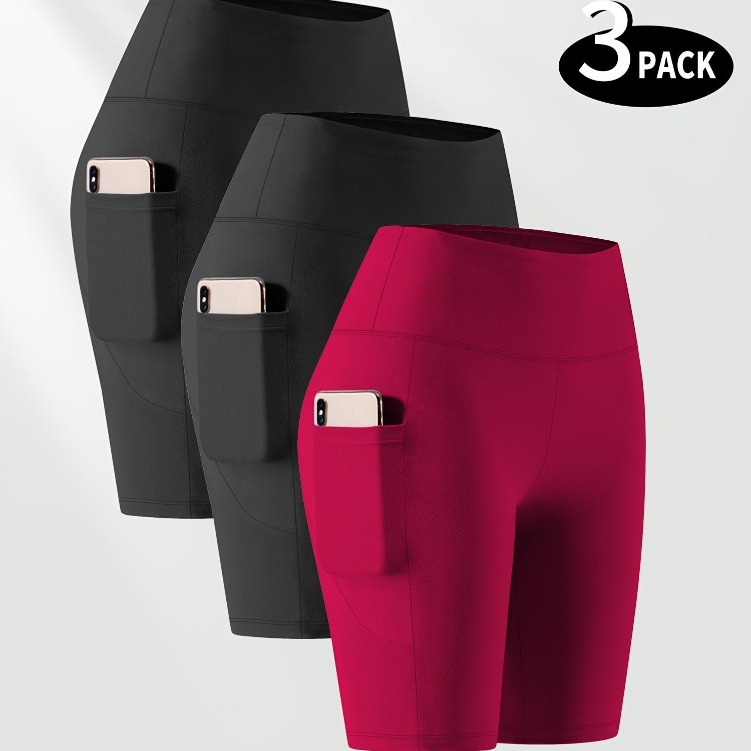 Ayollar uchun kattaroq o'lchamli yuqori belli bir rangli shortlar faoliyat kiyimlari to'plami, 3 ta