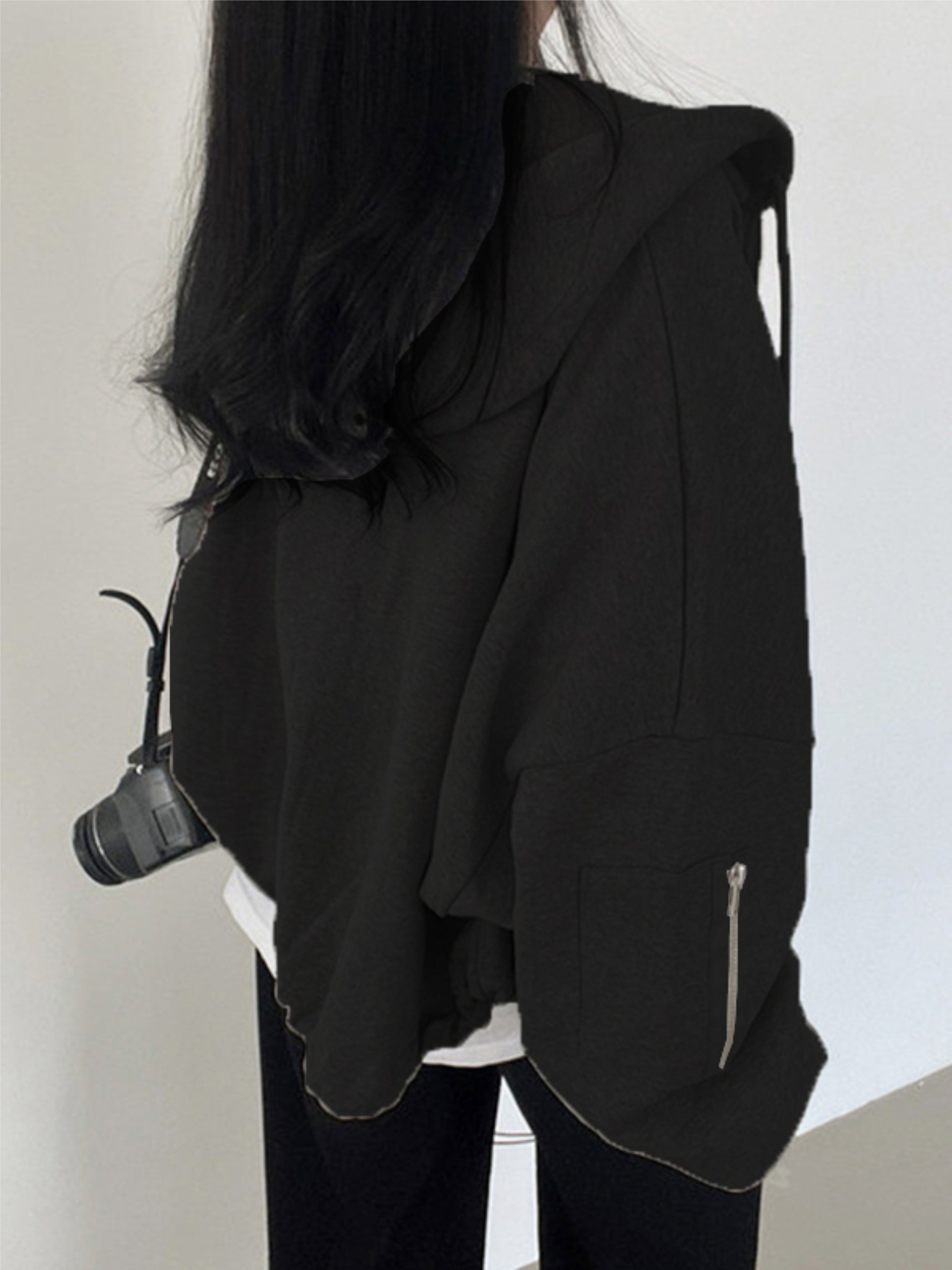 Women's Black Cropped Hoodie Jacket with Zip-Up Closure and Side Pockets