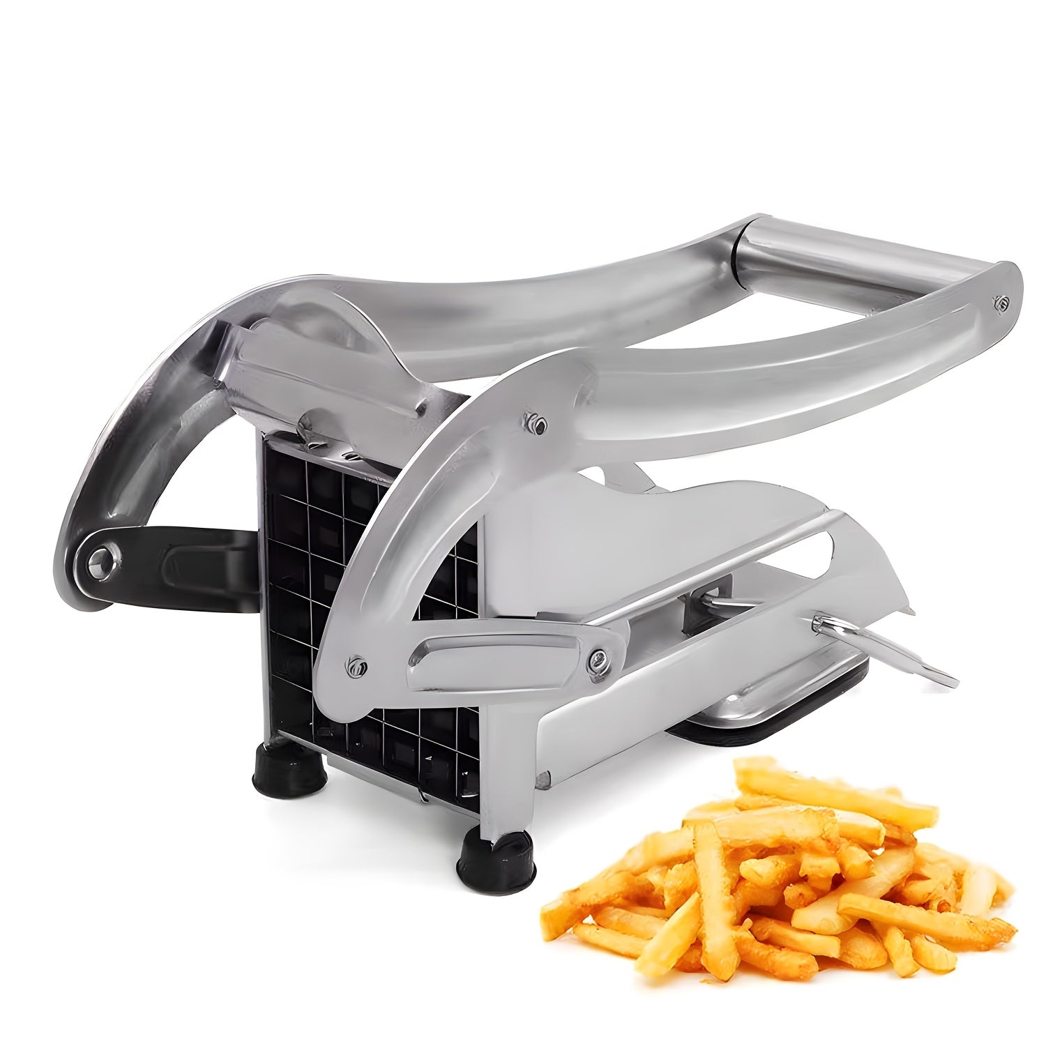 Yaxshilangan dizaynga ega zanglamas po'latdan yasalgan kartoshka kesgichi va oson foydalanish uchun vakuumli asos - uy va professional oshxonalar uchun ko'p maqsadli sabzavot va meva kesgichi