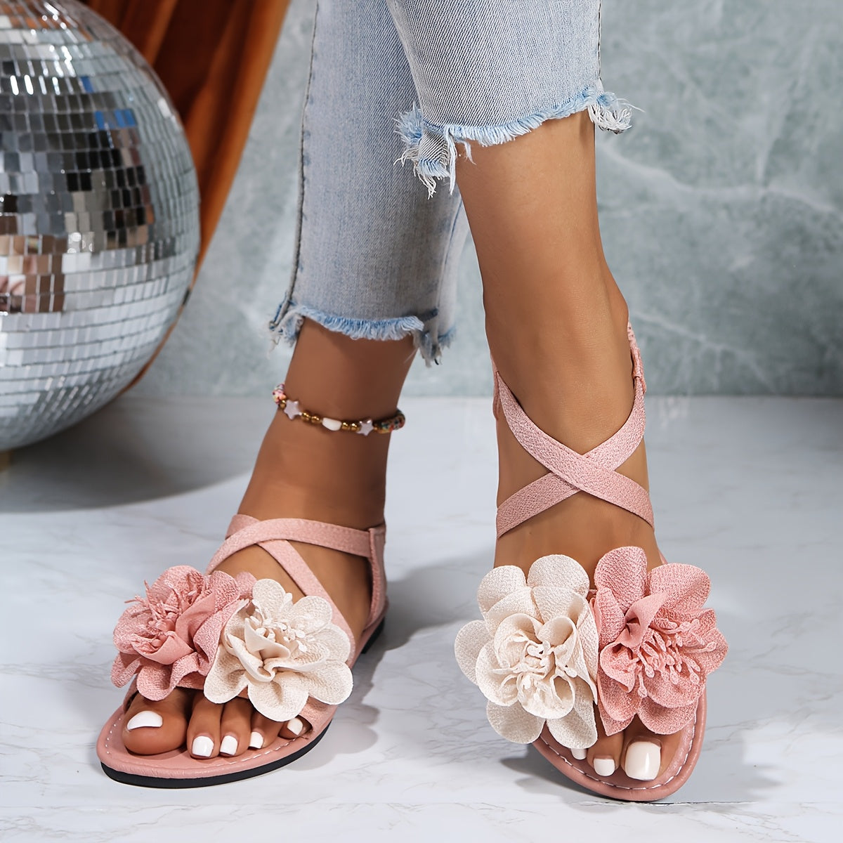 Women’s 3D Floral Cross Strap Sandals Open-Toe Slip-On Casual Formal