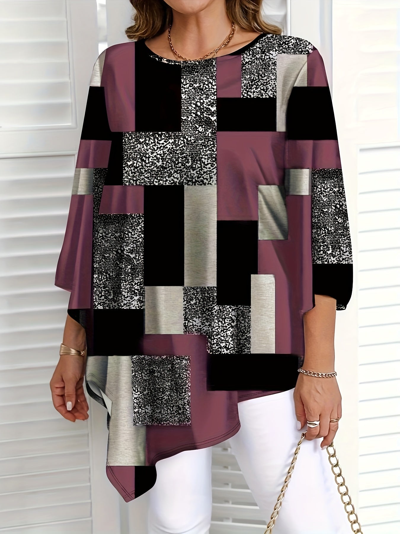 Plus Size Women's Geometric Print Asymmetrical Top Crew Neck Green Black