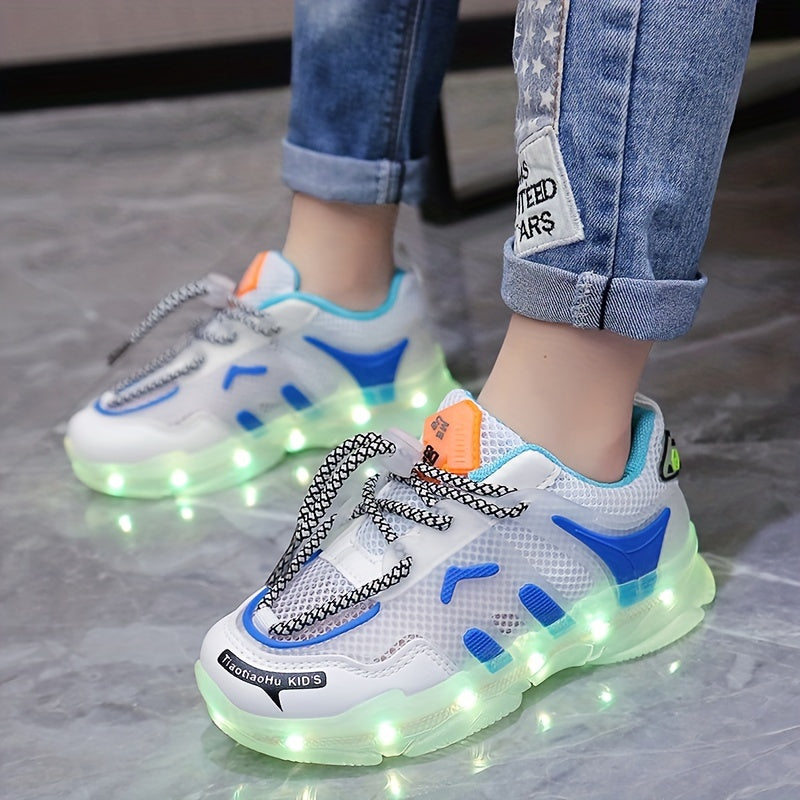 Kids LED Light-Up Sneakers Breathable Mesh Non-Slip Soft Sole for Boys Girls Toddler Children in White Blue Orange