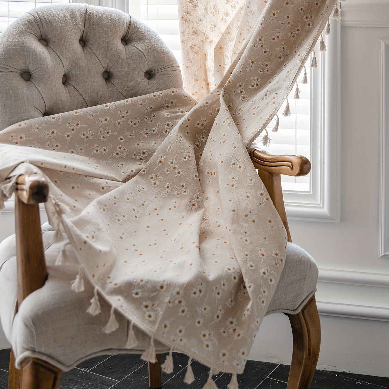 Printed Tassel Rod Pocket Curtains for Bedroom Living Room Kitchen Set of 2