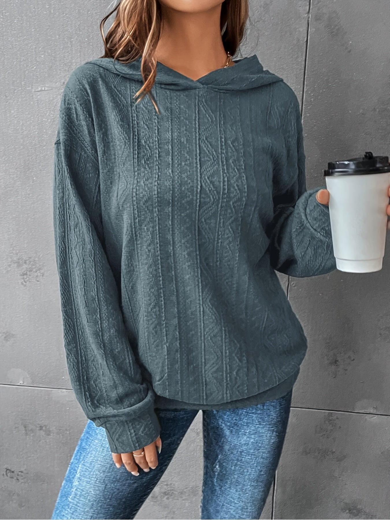 Plus Size Women's Solid Textured Long Sleeve Hoodie Sweatshirt