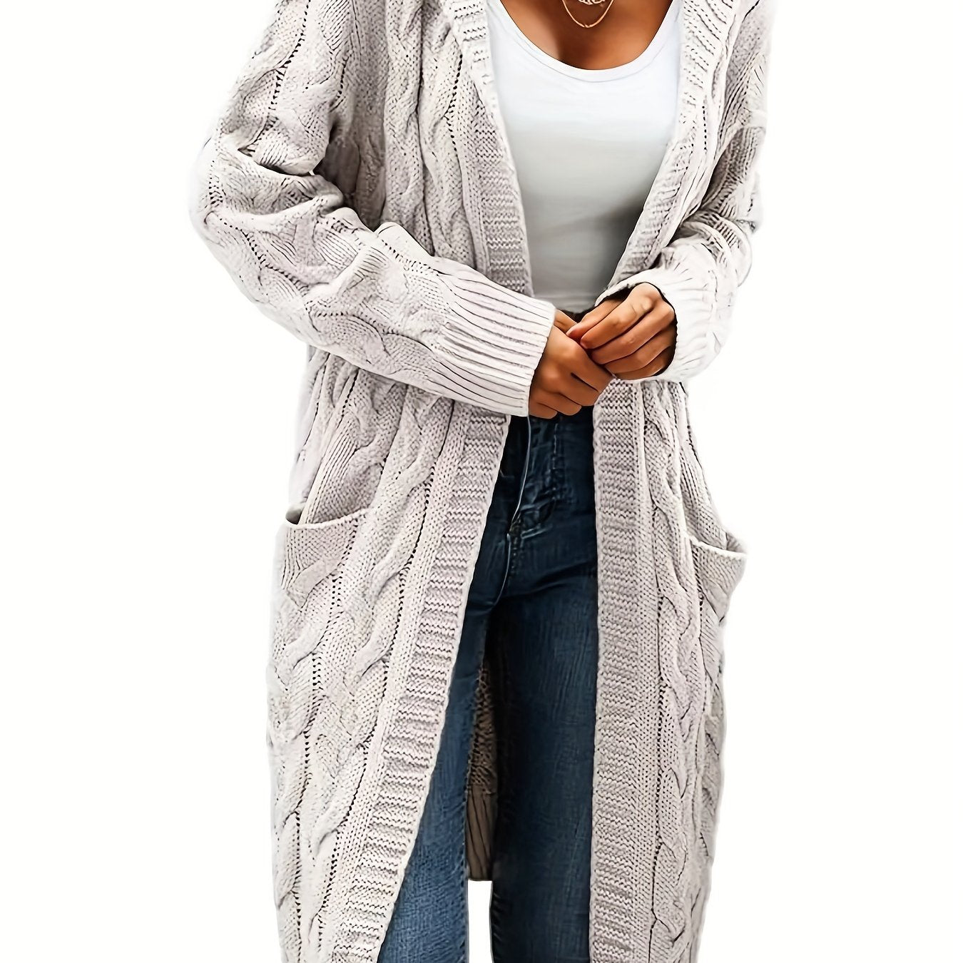 Women's Cable Knit Hooded Cardigan with Pockets Acrylic Fall Winter Layering