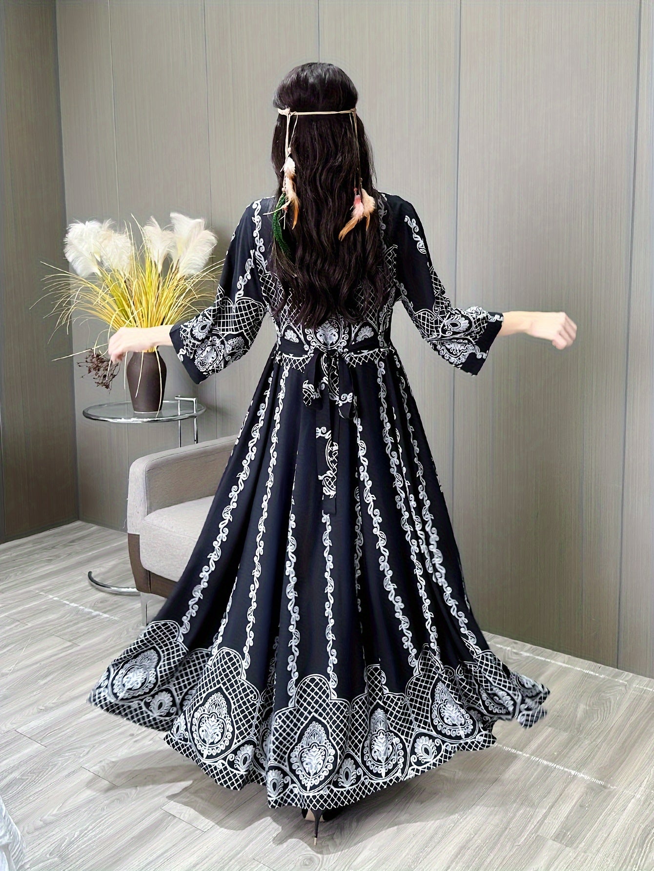 Черное и белое вышитое кафтана для отдыха и пляжной одежды, полиэстер, без растяжения