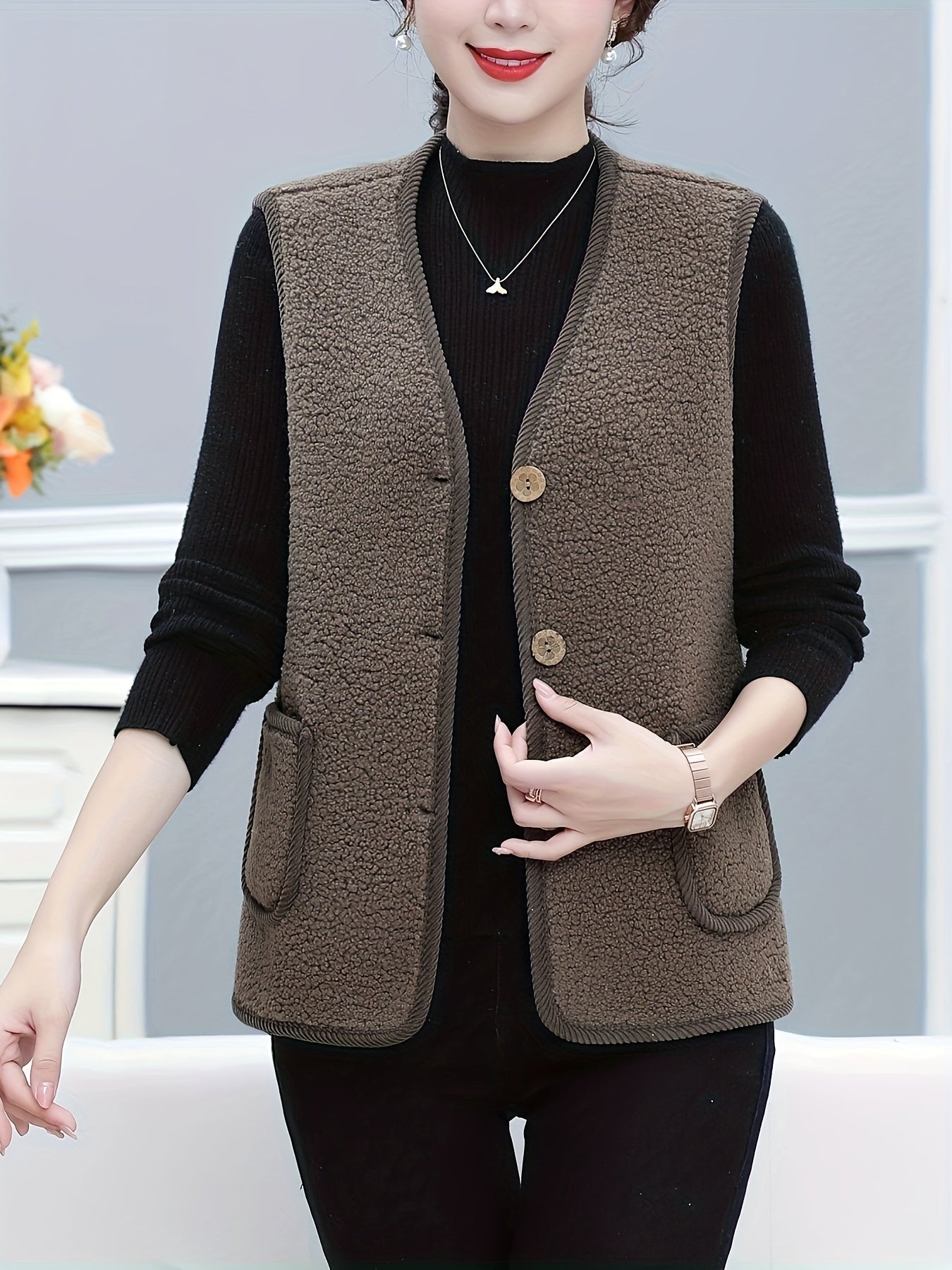 Women's Fleece-Lined Vest with Pockets Casual Sleeveless Knit Polyester Solid