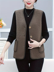 Women's Fleece-Lined Vest with Pockets Casual Sleeveless Knit Polyester Solid