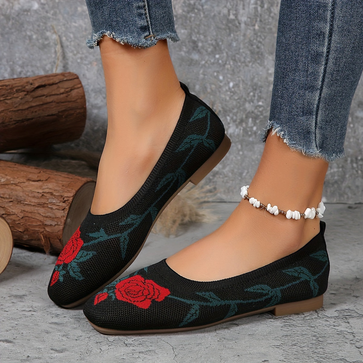 Women's Flat Shoes Floral Pattern Square Toe All-Season Casual