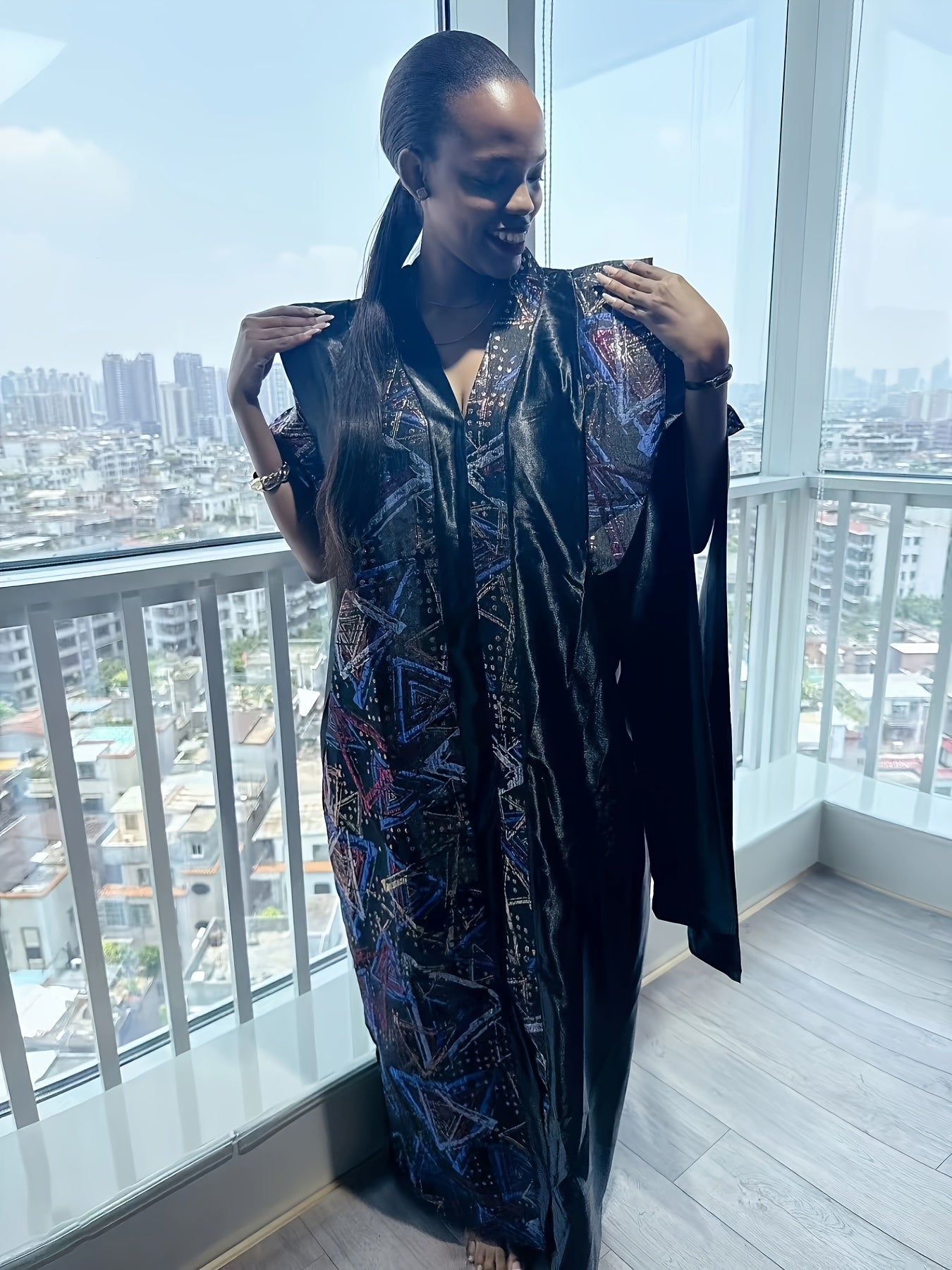 Plus Size V-Neck Jacquard Robe Traditional African Style All Seasons