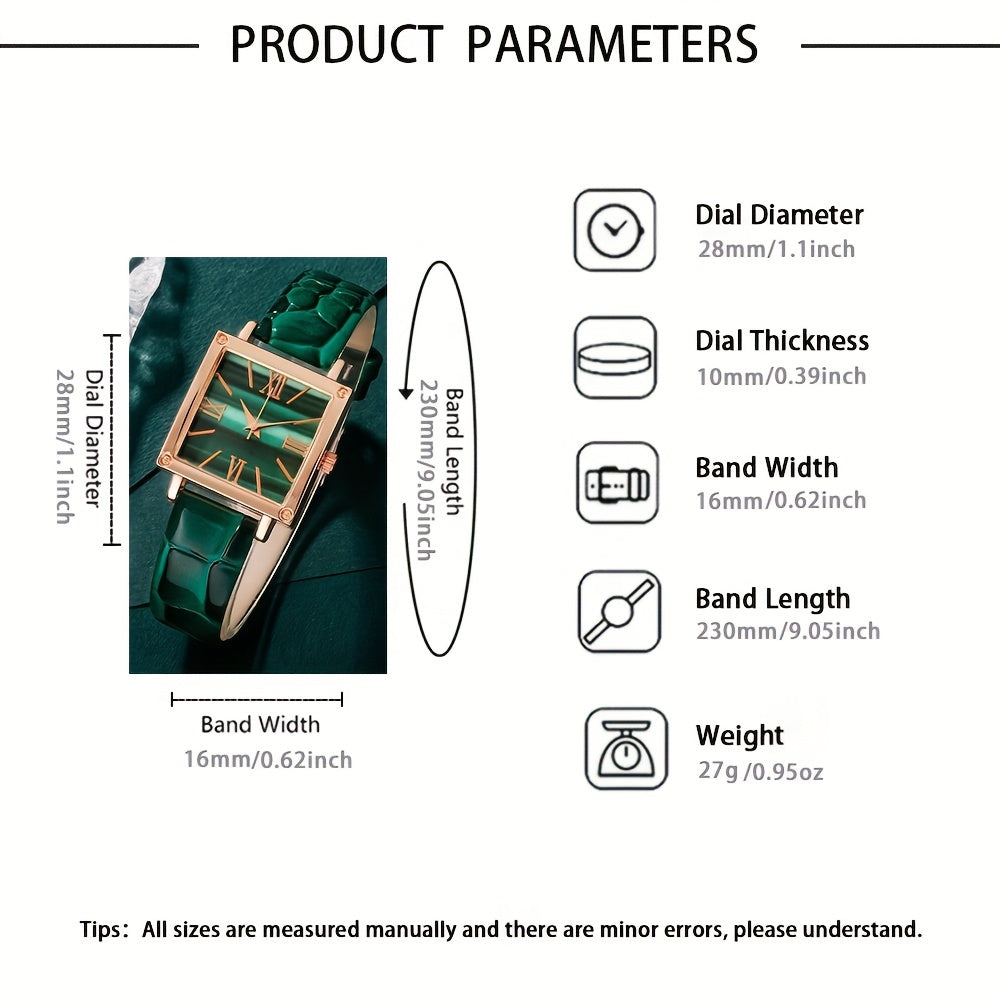 Set of 5 Women's Vintage Square Quartz Watches with Green Dial and Rhinestone Jewelry Set