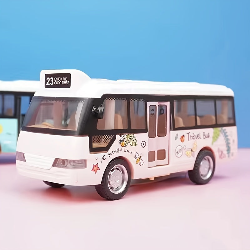 Friction-Powered School Bus Toy with Lights and Sounds for Kids Ages 3+ Sky Blue Pink Diecast Plastic