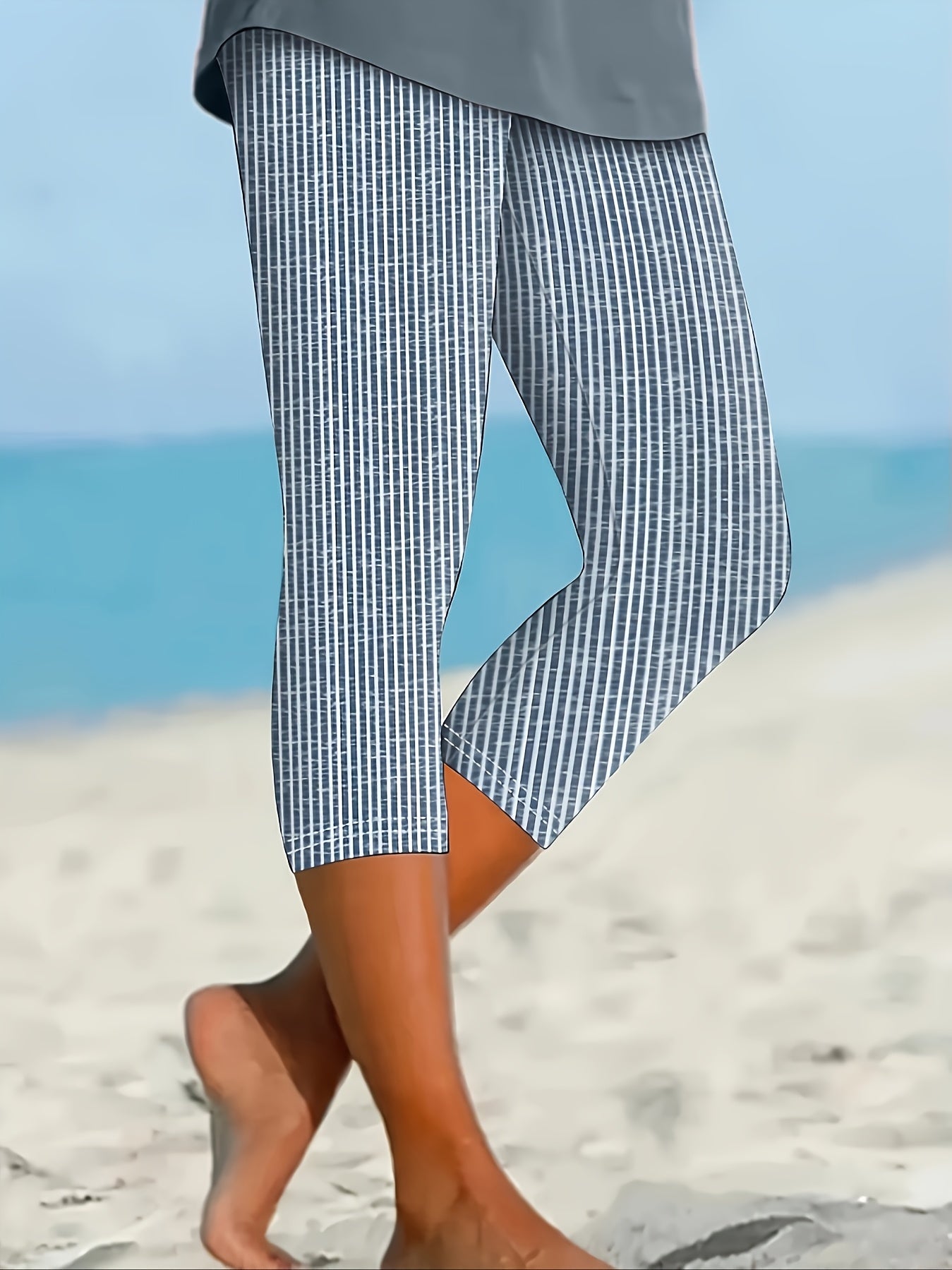 Women's Plus Size Striped Stretch Capri Pants Blue White Casual Beachwear