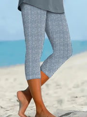 Women's Plus Size Striped Stretch Capri Pants Blue White Casual Beachwear