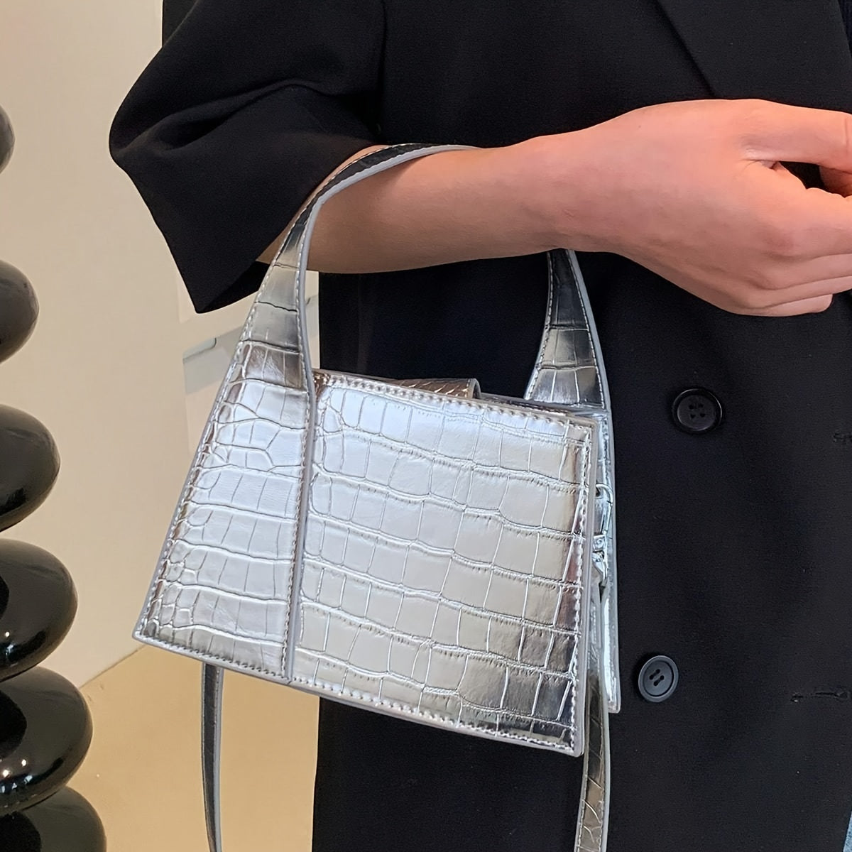 Crocodile Print Synthetic Leather Handbag with Snap Button Closure for Women