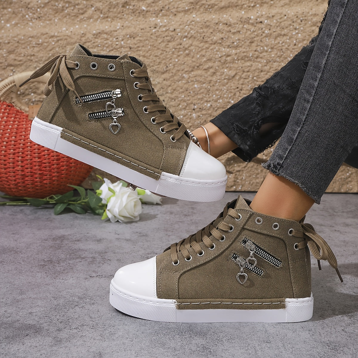 Youth Women Canvas Sneakers with Double Zippers and Laces for Outdoor Activities