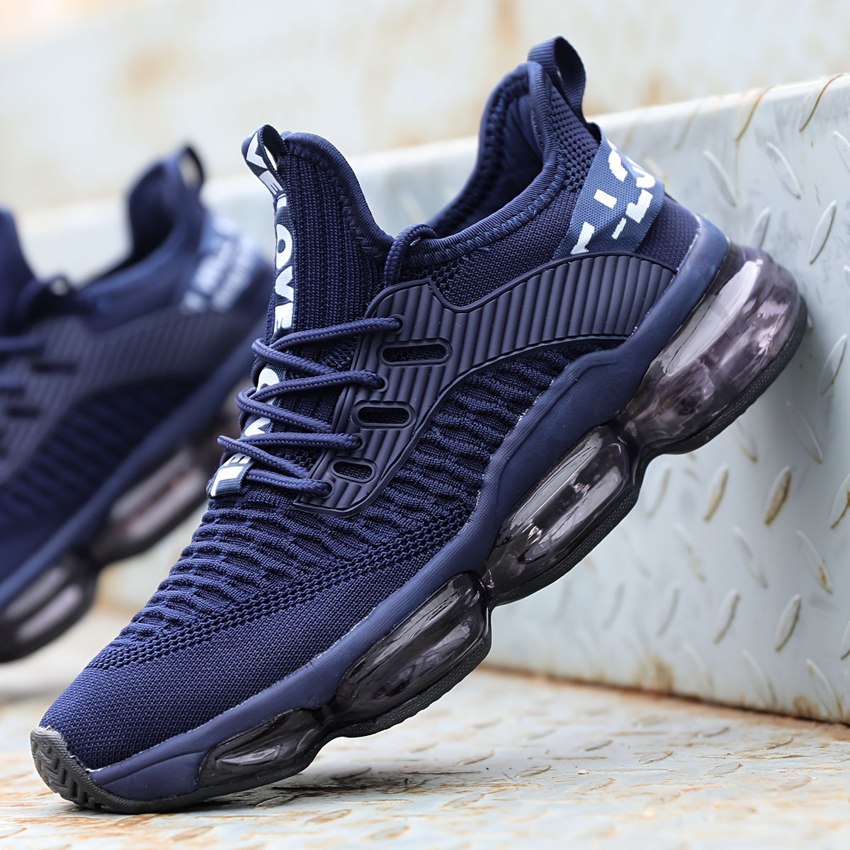 Men's Athletic Sneakers Beige Knit Fabric Air-Cushioned Sole Breathable Outdoor Lace-Up Round Toe