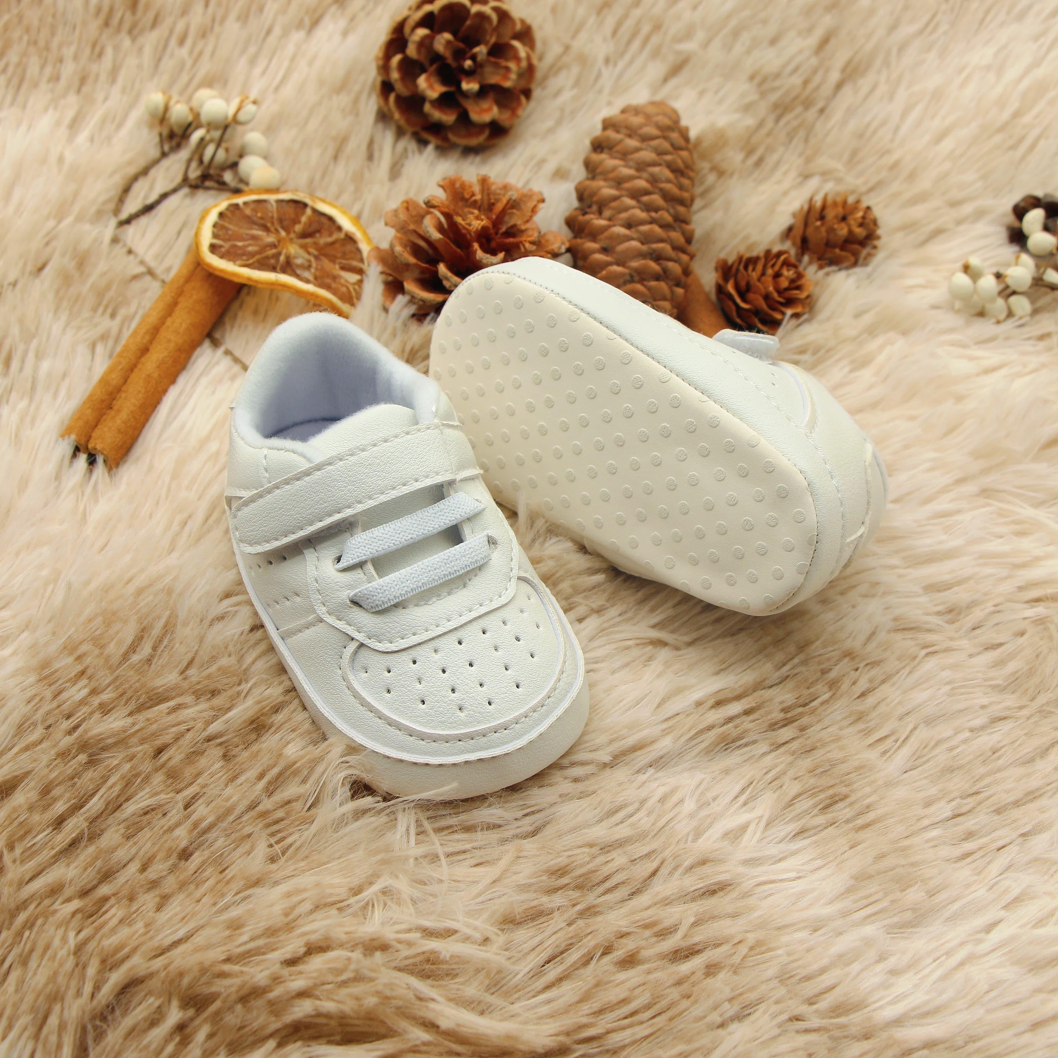 Newborn Baby Boys Soft Sole Mid-Top Sneakers Non-Slip Plaid Embroidered PU Rubber All-Season