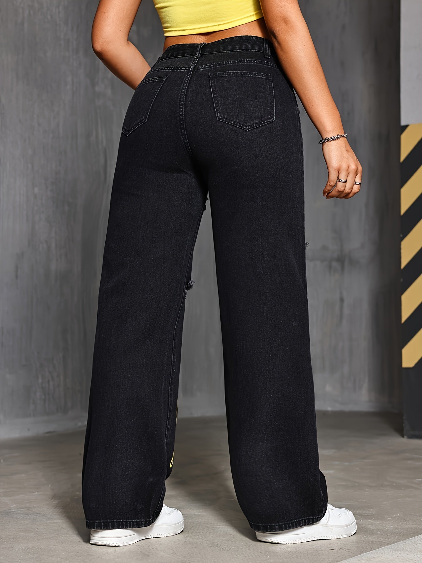 High-Waisted Solid Color Block Denim Jeans for Women Long Woven Fabric