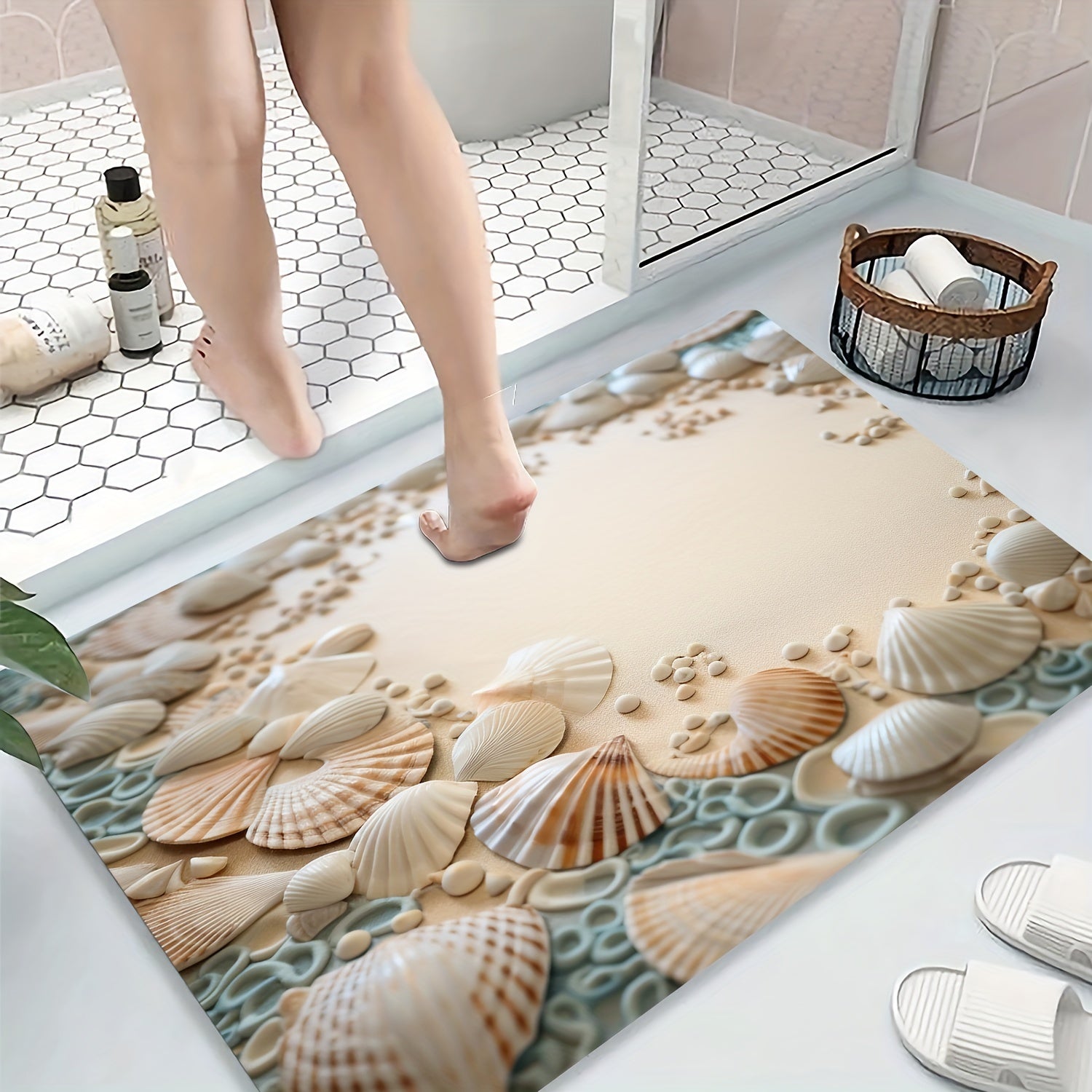 Ocean Coastal Bathroom Rug Non-Slip Floor Mat Washable Small Shower Carpet Nautical Beach Style