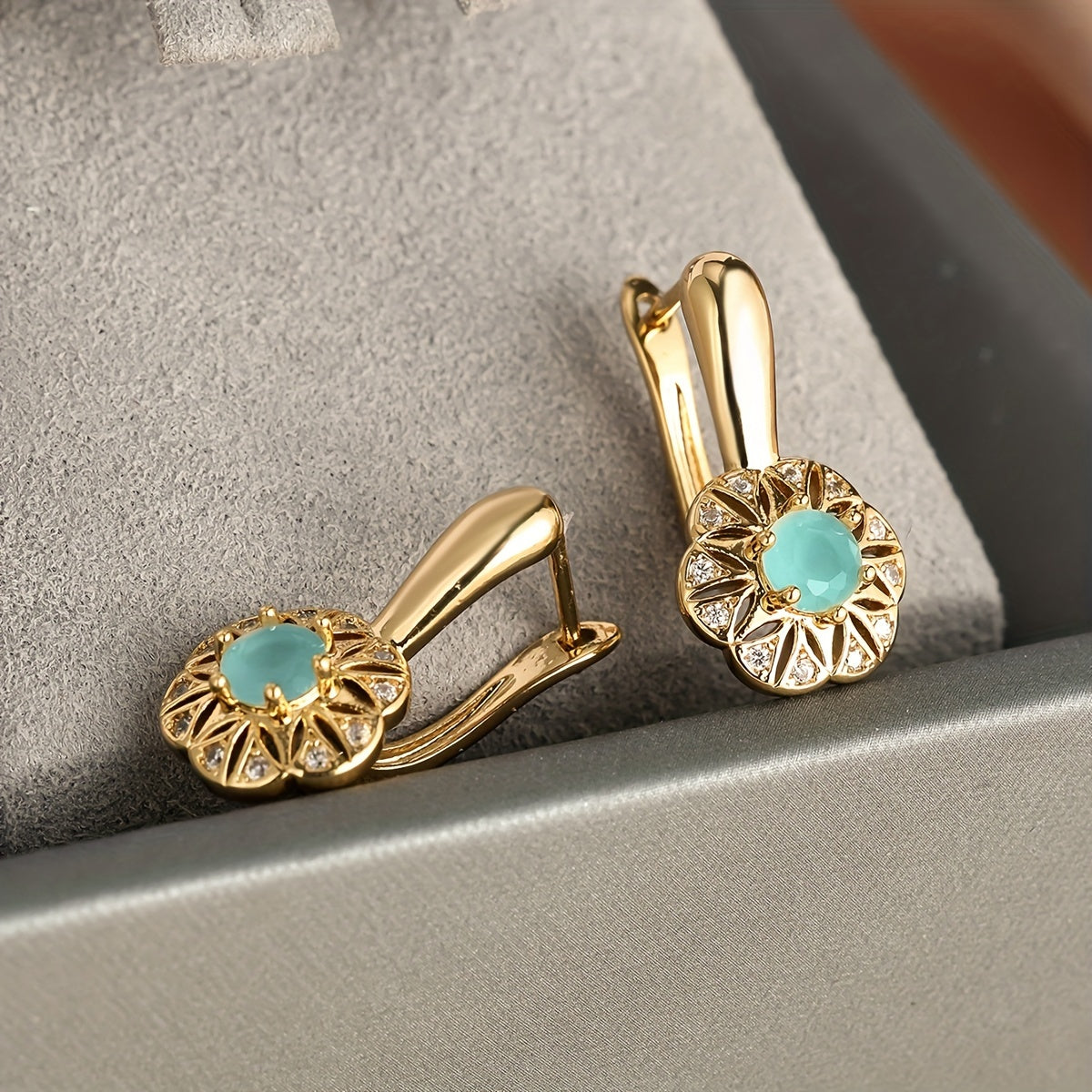Golden Flower-Shaped Zirconia Leverback Earrings for Women Party Jewelry