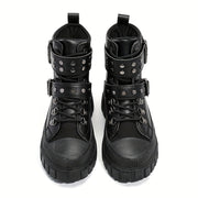 Women's Black Leather Motorcycle Boots with Metal Buckles and Platform Sole