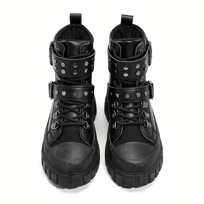 Women's Black Leather Motorcycle Boots with Metal Buckles and Platform Sole