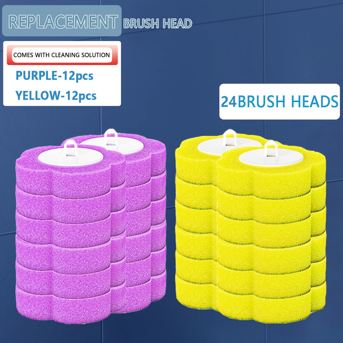 Replaceable Toilet Brush Set with 2 Replacement Heads in Yellow and Purple