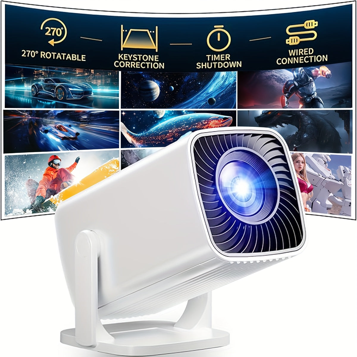 Mini proyector 3D con soporte giratorio, compatible con HDMI USB AV para hogar y oficina