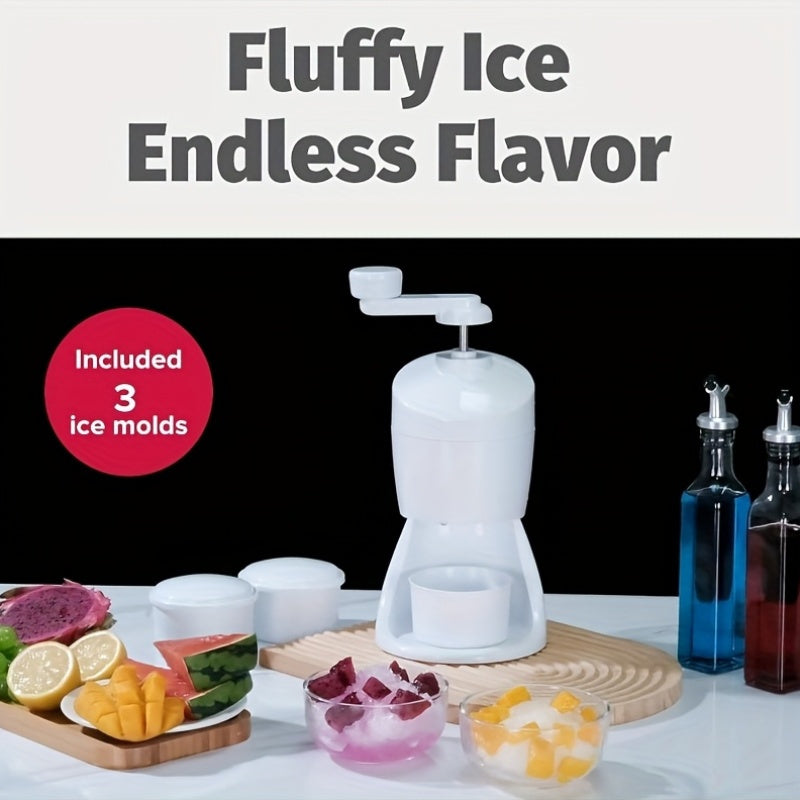 3 ta muz bloklari uchun qoʻlda ishlovchi qor koni tayyorlagich. Uy sharoitida foydalanish uchun ideal, bolalar va kattalar uchun mukammal. Slush va smuzilar uchun oson muz maydalash.