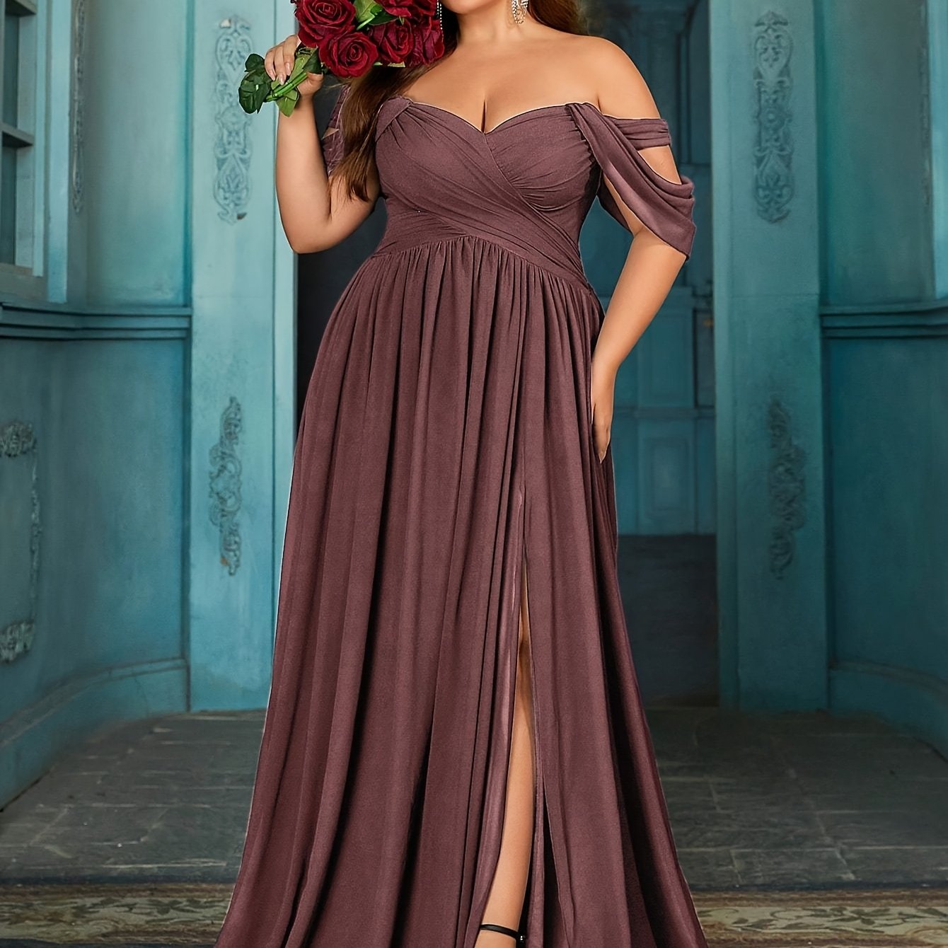 Plus Size Teal Maxi Dress Women Off-Shoulder Ruched A-Line Evening