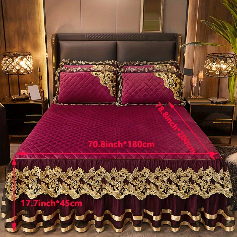 Solid Color Bed Skirt and Pillowcase Set with Lace Detail Quilted Ruffled Design