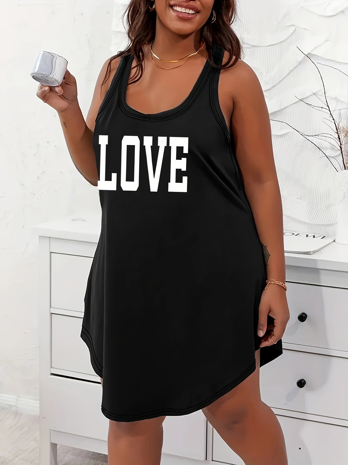 Plus Size Women's Cotton Lounge Dress Scoop Neck Racerback Home Wear