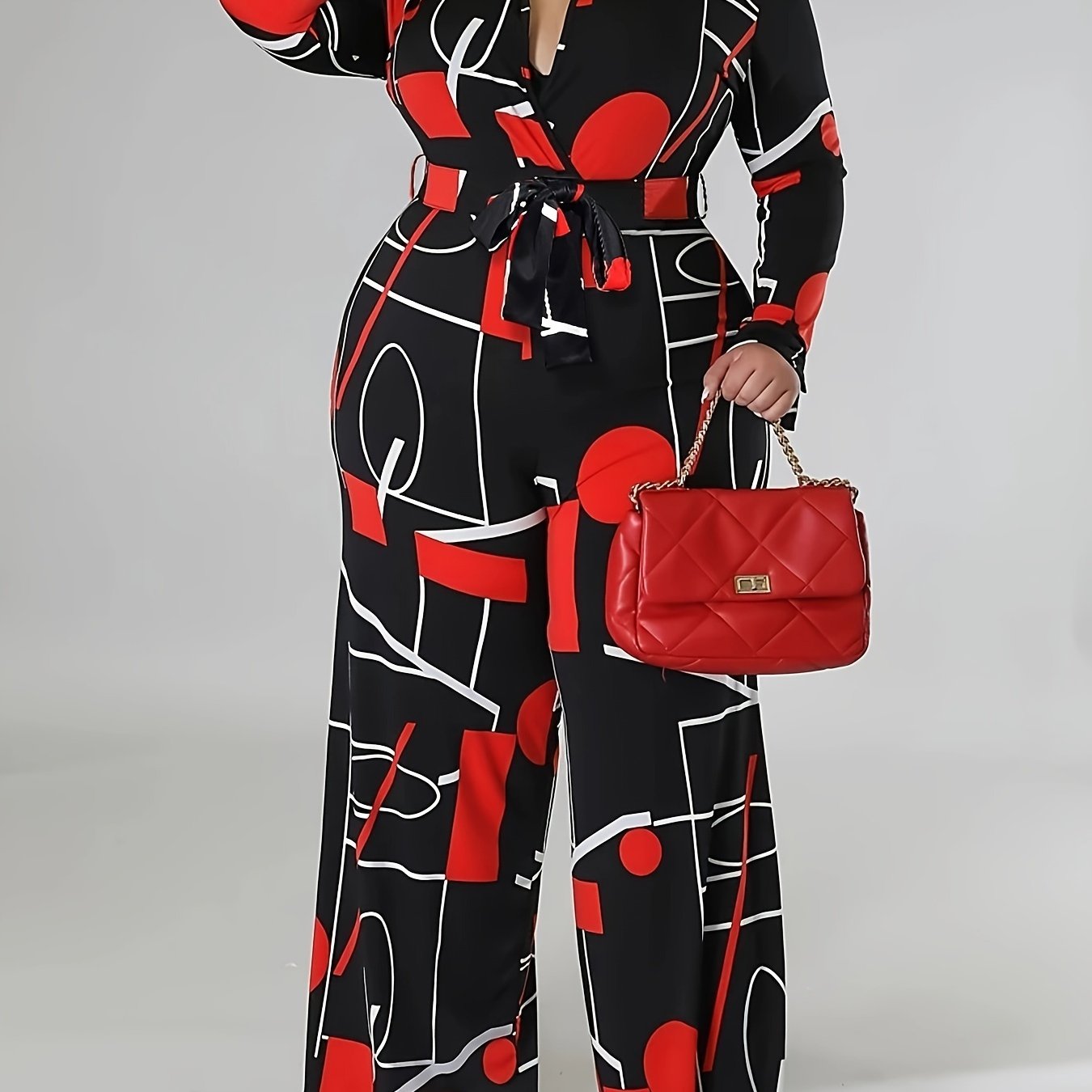 Plus Size Polyester Knit Jumpsuit with Lapel Collar Belt Geometric Print