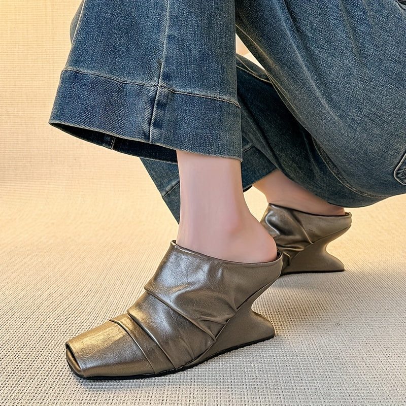 Women's Square Toe Mule Shoes Synthetic Slip-On Loafers Chunky Heel Brown