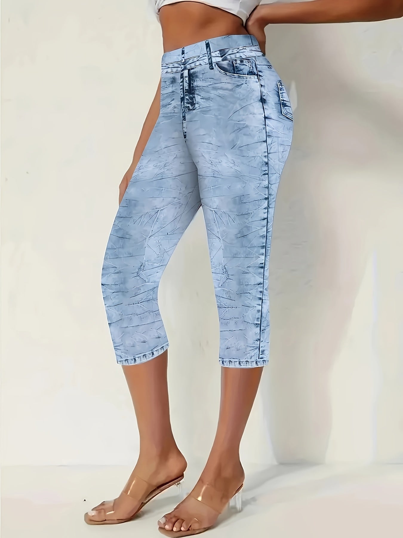 Women's High-Waisted Stretch Denim Capri Pants Floral Print Elastic Waist