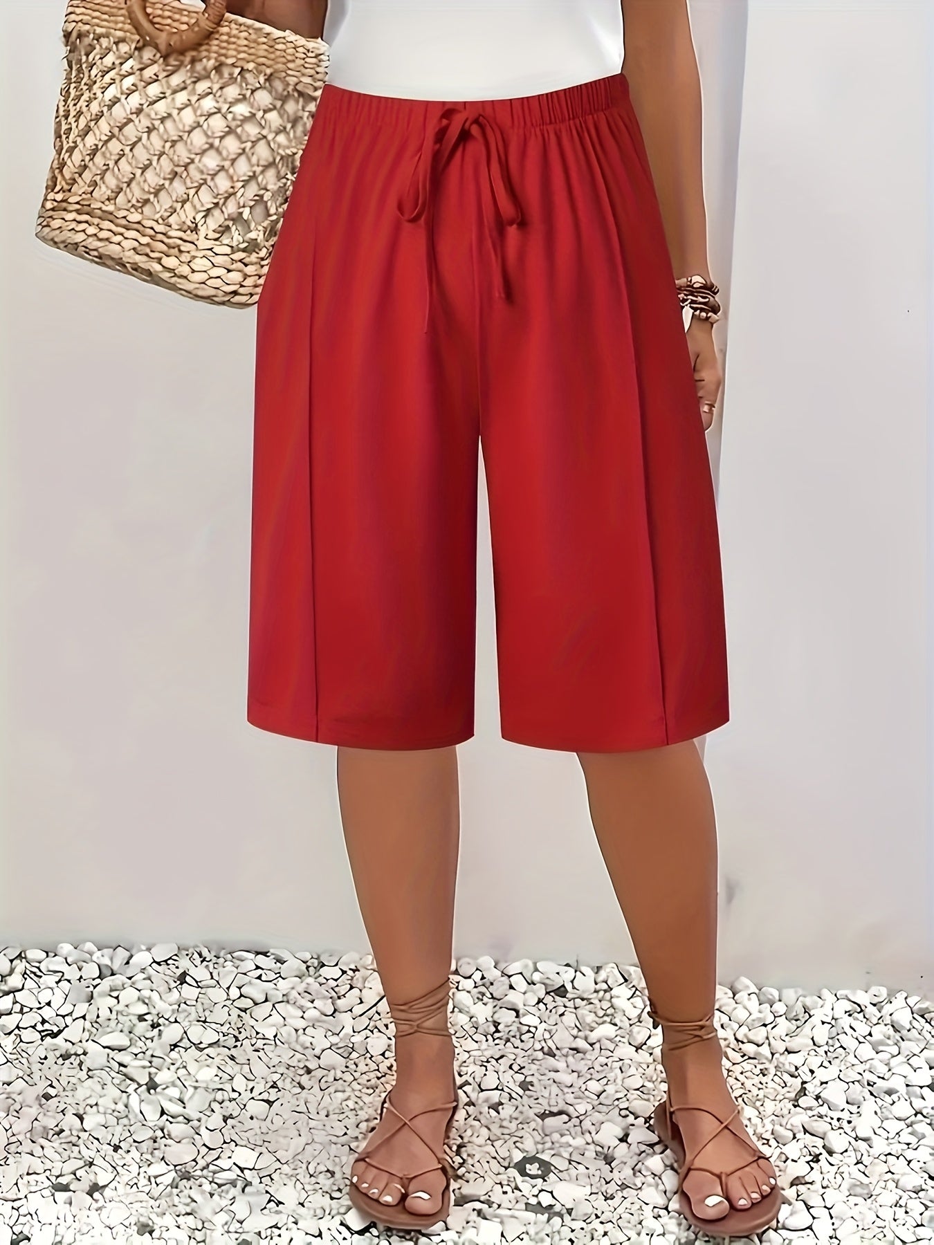 Plus Size Women's Elastic Waist Casual Mid-Length Shorts Black Burgundy 2 Pack