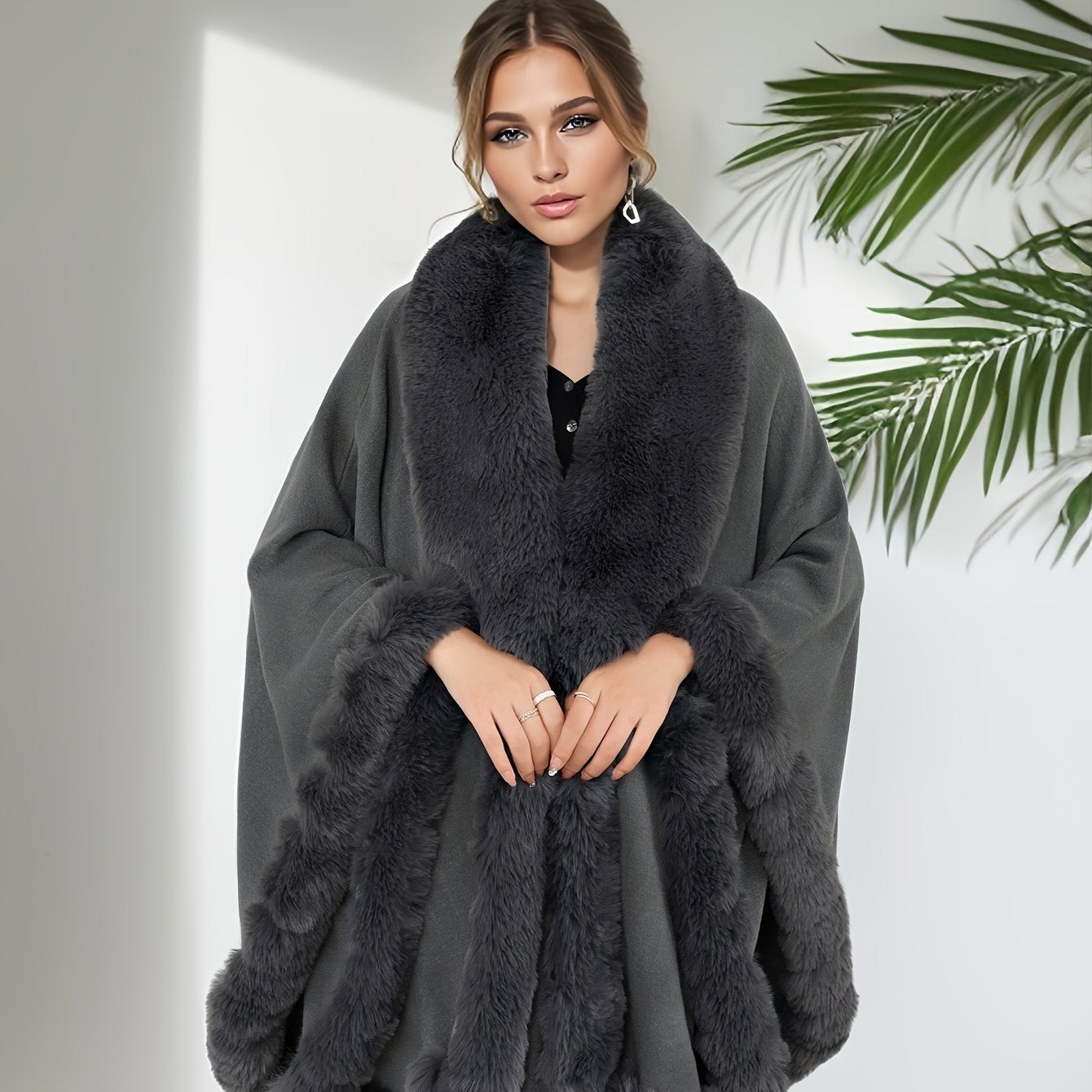 Plus Size Faux Fur Trim Cape for Women Fall Winter Open Front Shawl Solid Color