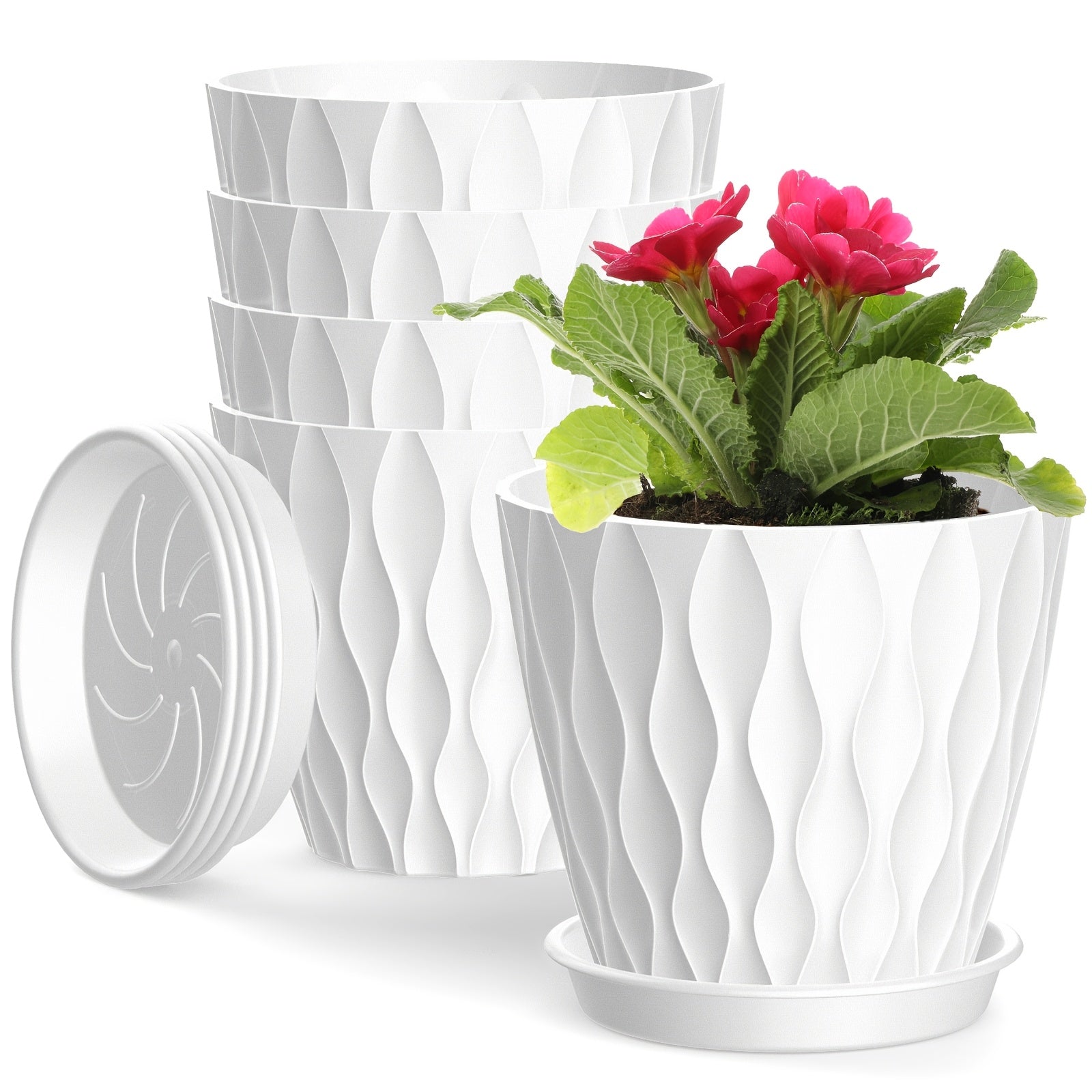 Set of 5 Boho Striped Plastic Flower Pots with Saucers 6-Inch Round Indoor Outdoor