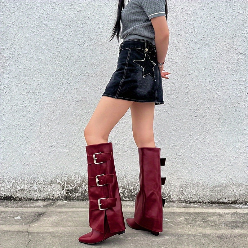 Women's Black Knee-High Boots with Buckle Straps Pointed Toe Wedge Heel