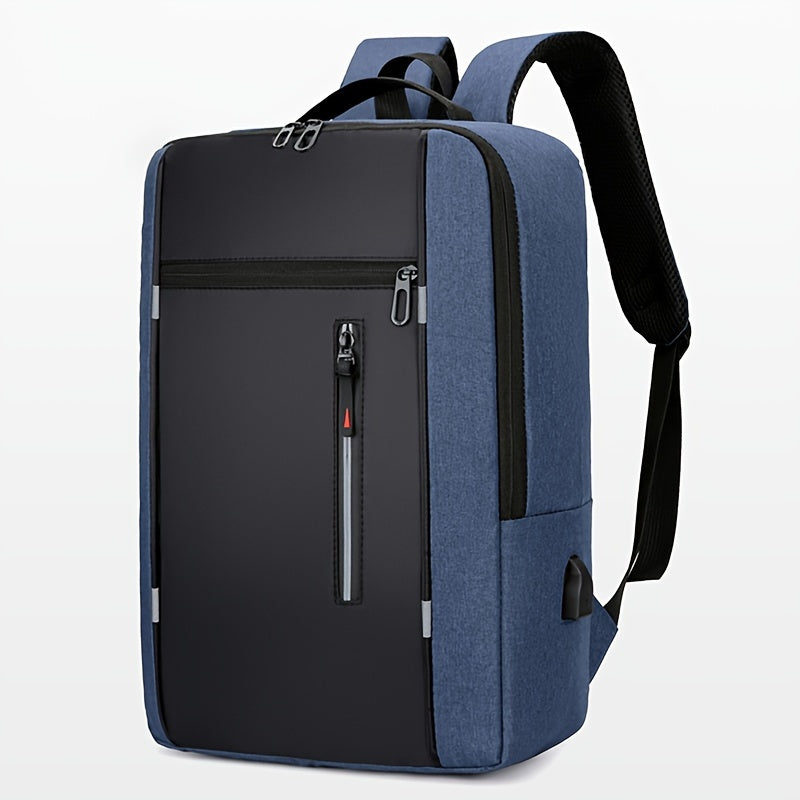 Men's Blue Nylon Backpack with Laptop Compartment USB Charging Port and Adjustable Straps