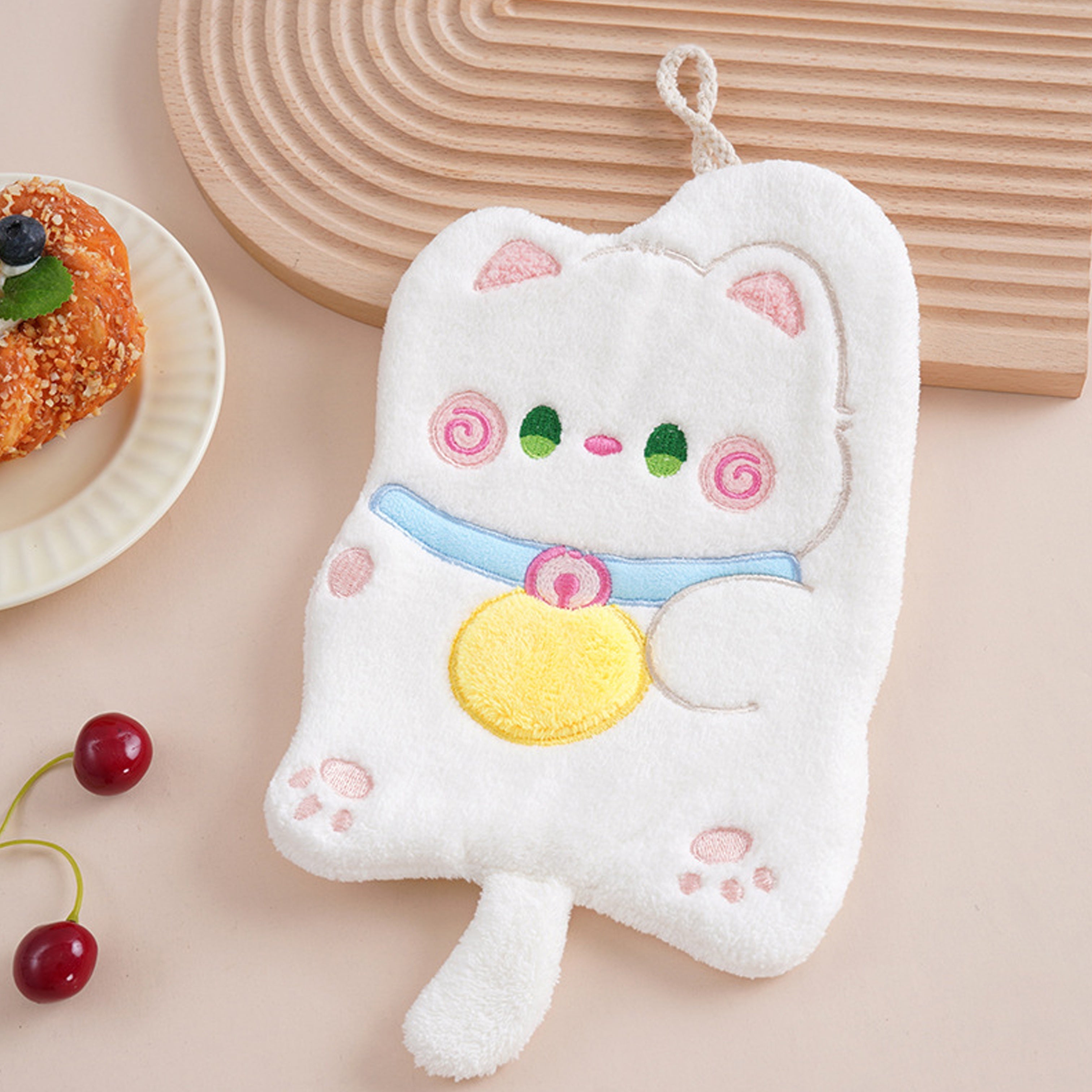 Cat-Shaped Coral Fleece Hand Towel Beige White Gray Quick-Drying Absorbent Kitchen Bathroom Bedroom