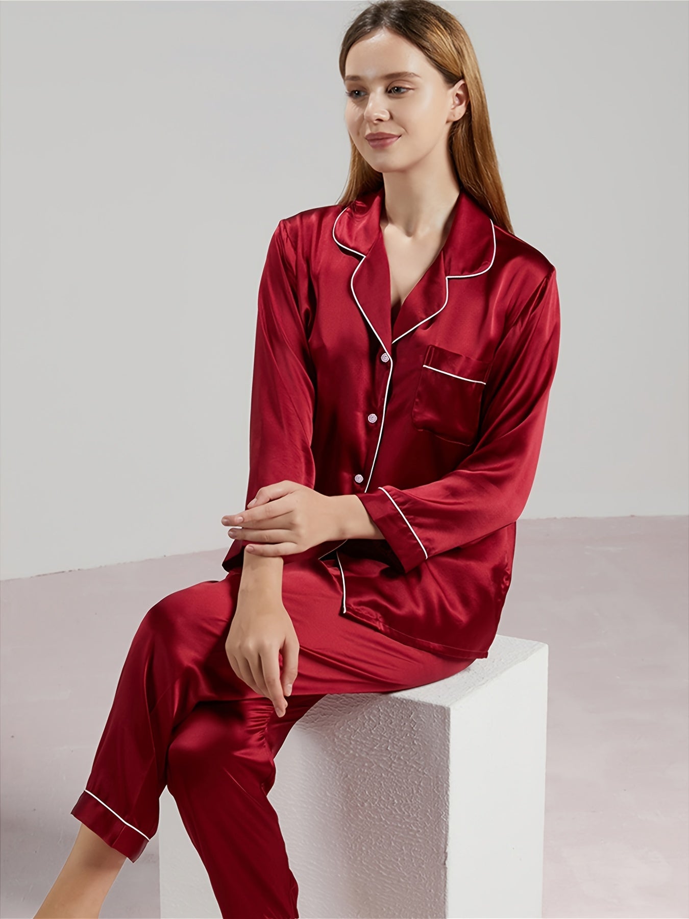 Women's Cotton Pajama Set with Lapel Collar and Solid Color Lounge Wear for Valentine's Day