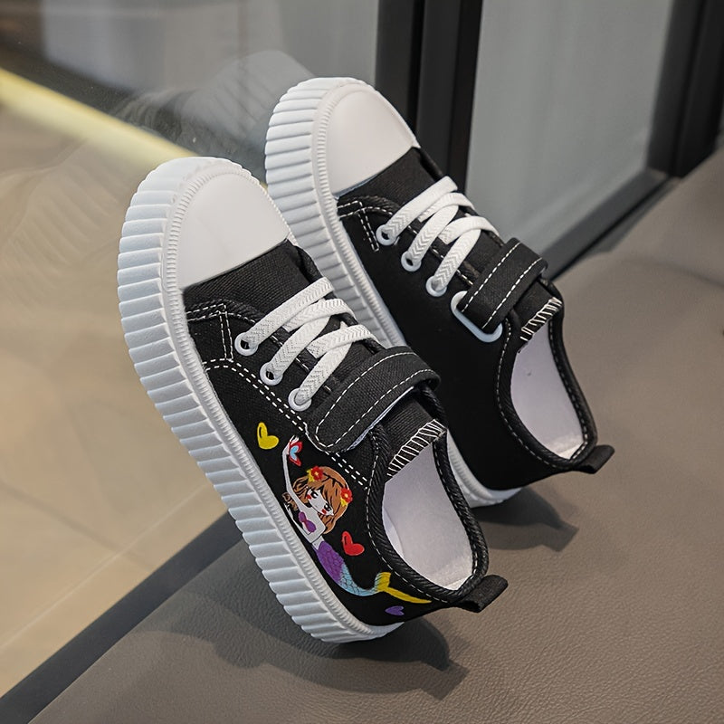 Girls Cartoon Mermaid Low Top Canvas Sneakers Lightweight Non-Slip All Seasons
