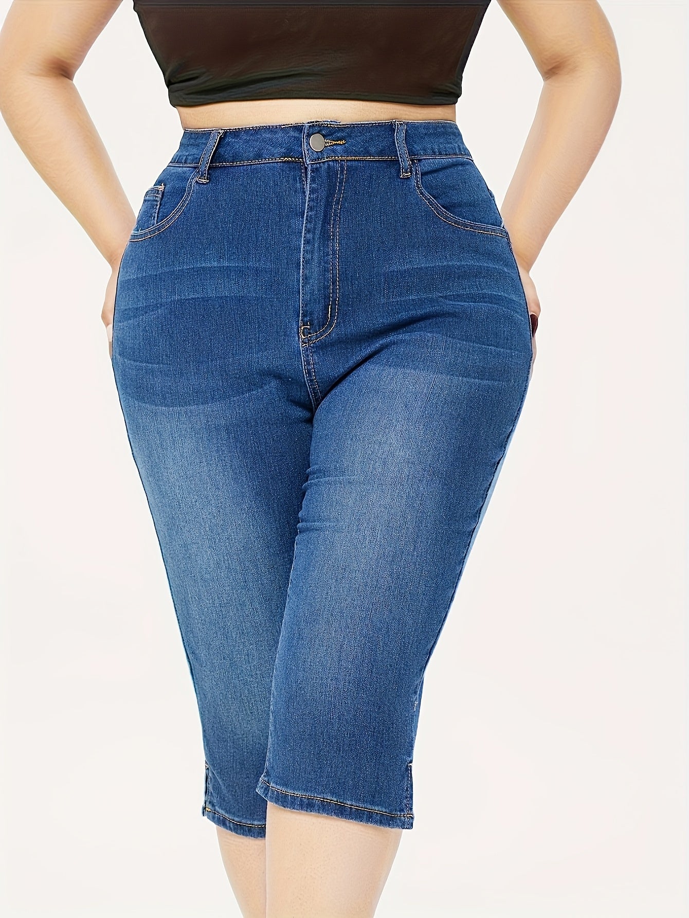 Plus Size Denim Shorts Women's High Waisted Blue Summer Casual