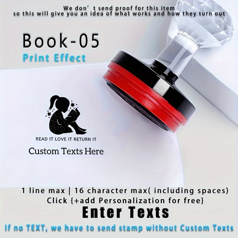 Shaxsiylashtirilgan kutubxona kitobi muhrini o'z-o'zidan bosadigan siyoh bilan, bir nechta tillarda mavjud, kundalik ofis ishlari uchun mos.