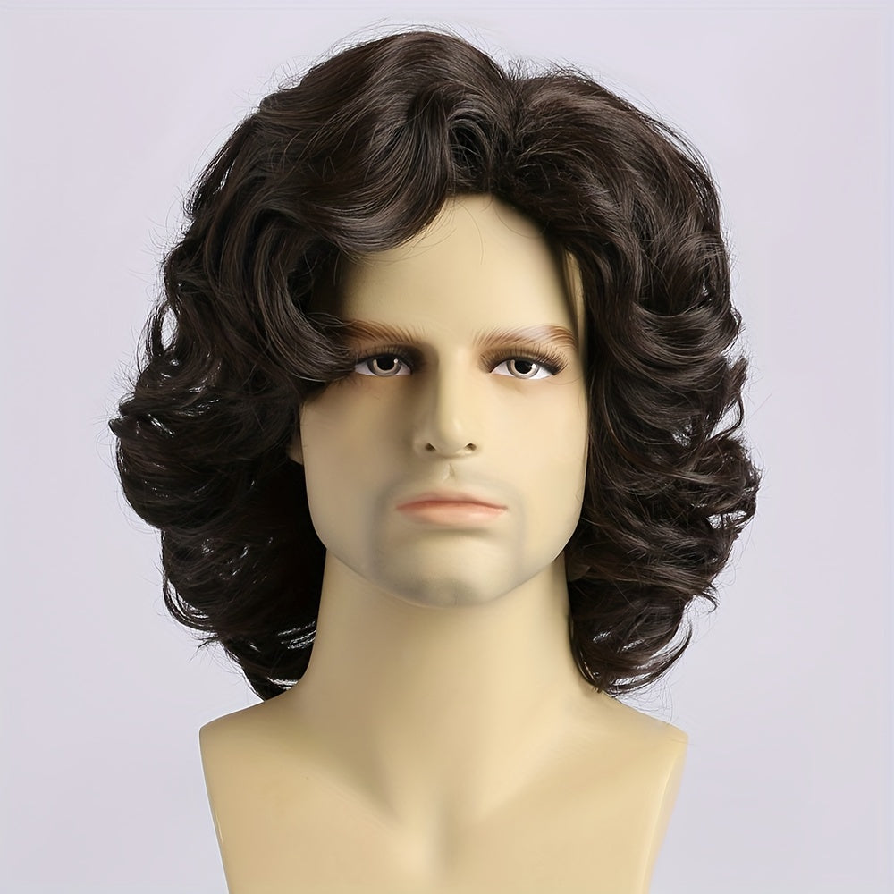 Men's Short Curly Deep Brown Wig 35.56cm Heat Resistant Synthetic for Daily Wear and Parties