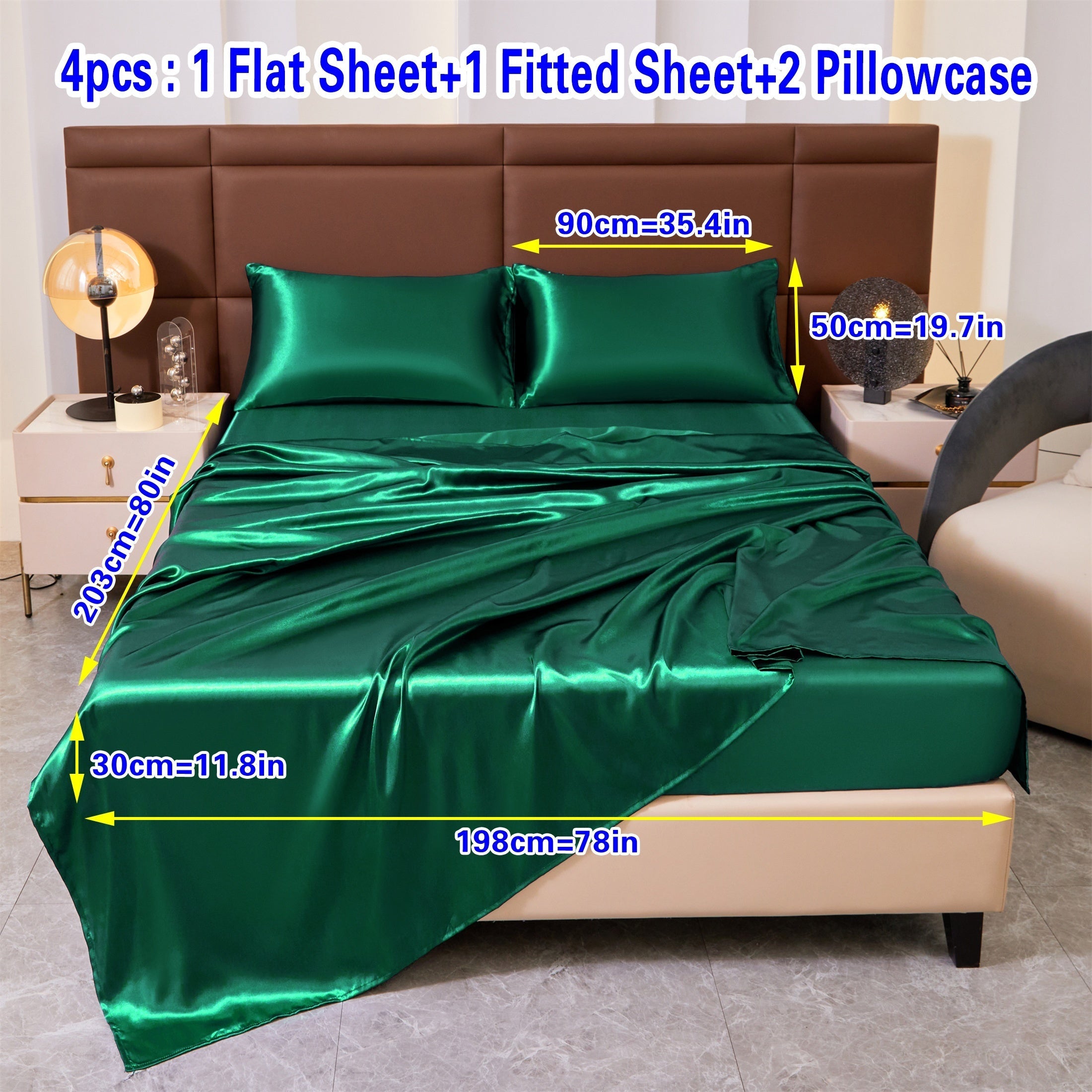 Set of Four Colored Bed Skirt, Sheet, and Pillowcase Bedding Set