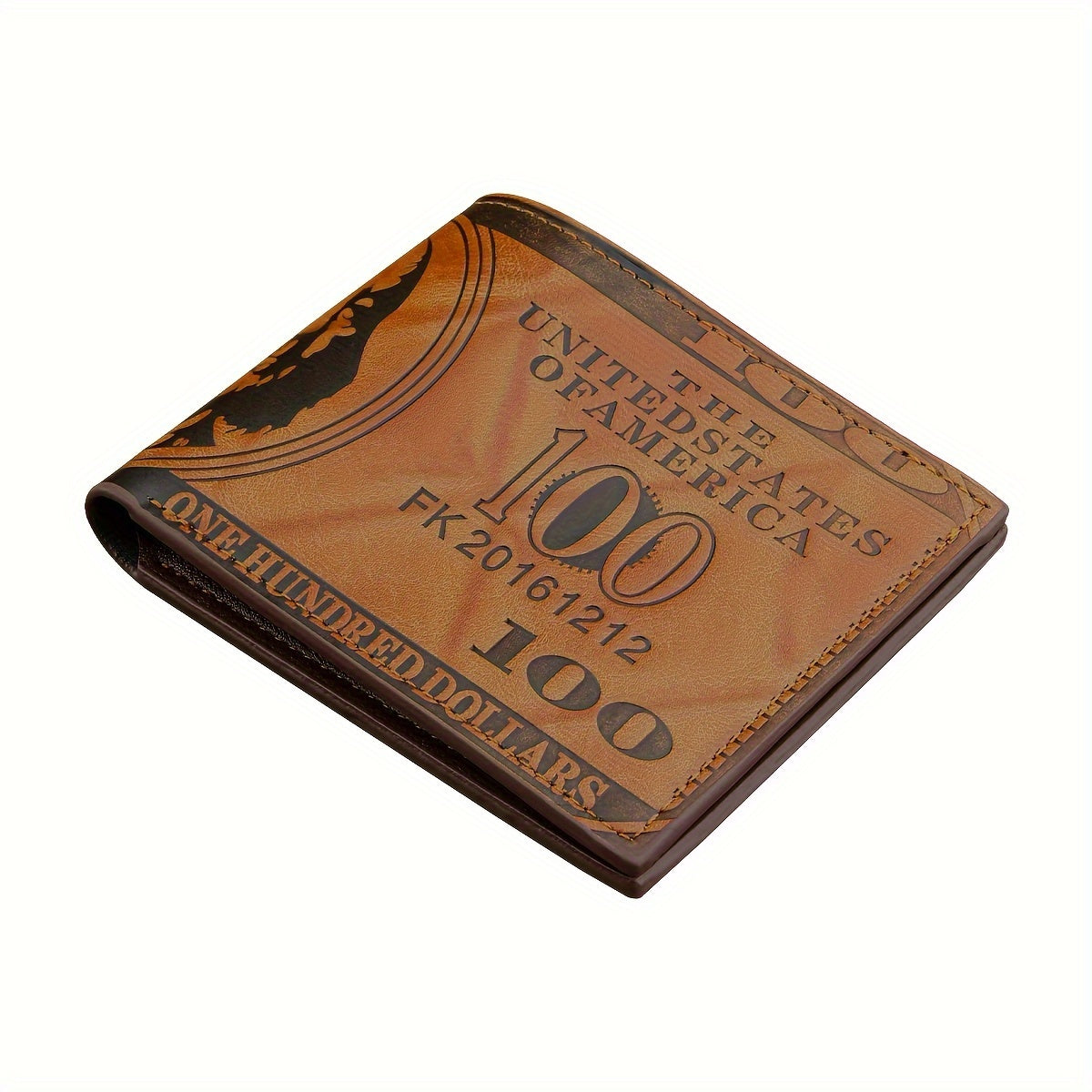 Vintage Faux Leather Wallet with $100 Bill Design, Multi-Card Slots, Black Short Double-Fold